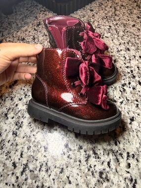 Girls Velvet Bow Glitter Lace-Up Ankle Boots - Burgundy